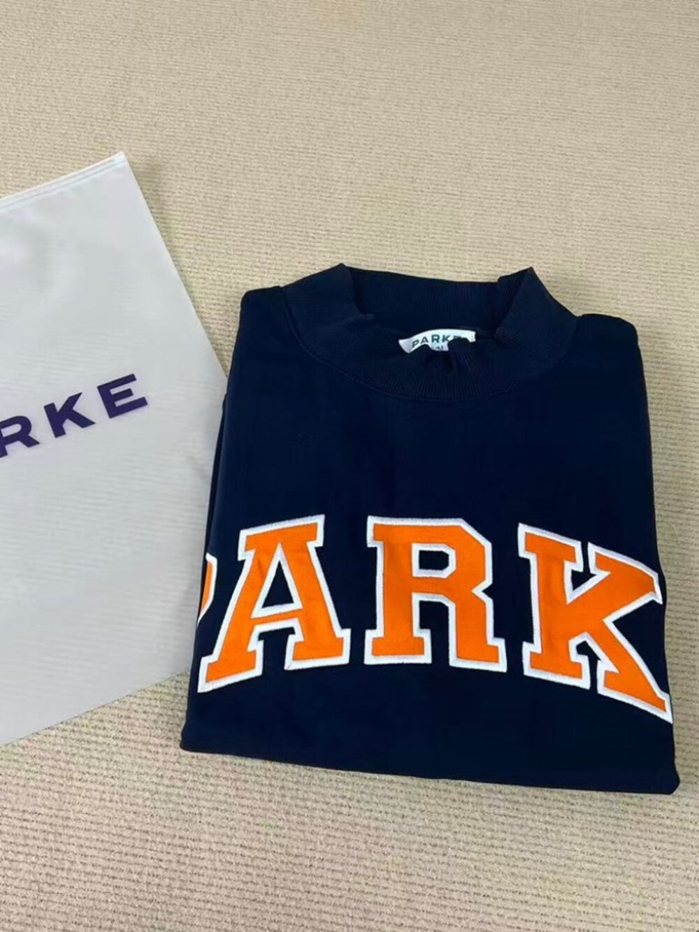 PARKE Navy Mock Neck Varsity Logo Sweatshirt S/M